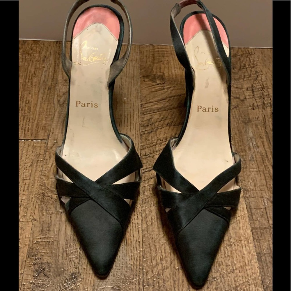 CHRISTIAN LOUBOUTIN Black CREPE SATIN  4” STILETTOS 40 1/2 - Picture 2 of 16